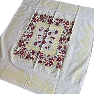 Vintage Cotton Farmhouse Tablecloth Floral Print Yellow Red & Green Floral Flaws